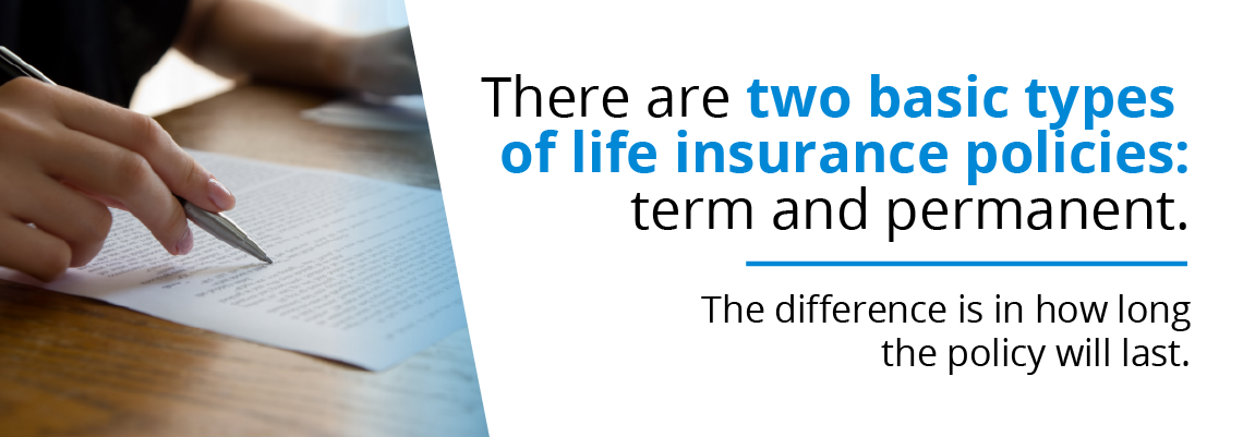 Types of life insurance policies include term and permanent.