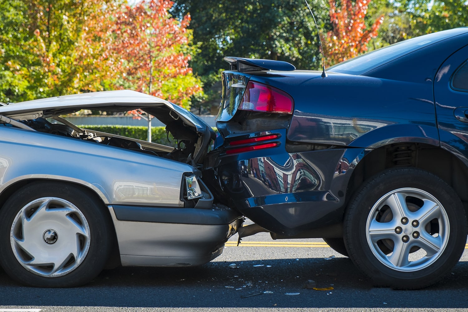 Two cars in a front-to-bumper accident